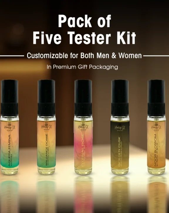 Indulge in a world of luxury fragrances with Mehak by SK’s Pack of Five Tester Kit — the perfect way to explore our exclusive collection before selecting your favorite scents. This tester kit is fully customizable for both men and women, giving you the freedom to choose from our most loved perfumes. Each tester bottle offers a premium, long-lasting scent that defines elegance, confidence, and individuality. Whether you’re exploring new fragrances for yourself or gifting someone special, this kit delivers style, value, and fragrance magic in one sleek package.  Gift Packaging Available – beautifully designed to make your surprise extra special. Price: Rs. 1550/- only How to Customize Your Kit Choose your preferred category – Men, Women, or Mix Select your favorite 5 perfumes from our collection Add to cart and mention your selection in the order notes Receive your custom tester kit at your doorstep Perfect For Testing multiple perfumes before buying full bottles Gifting to loved ones on special occasions Carrying travel-friendly fragrances Discovering your signature scent